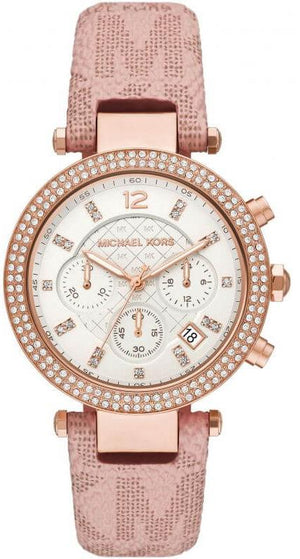 Michael Kors Parker Chronograph White Dial Pink Leather Strap Watch For Women - MK6935