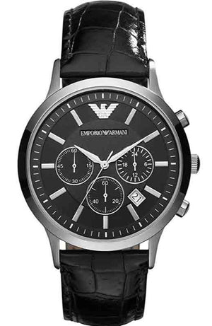 Emporio Armani Renato Chronograph Black Dial Black Leather Strap Watch For Men - AR2447