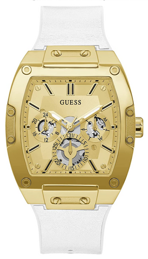 Guess Phoenix Multifunction Gold Dial White Leather Strap Watch for Men - GW0202G6