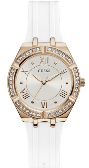 Guess Cosmo Diamonds Silver Dial White Rubber Strap Watch for Women - GW0034L2