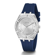 Guess Cosmo Diamonds Silver Dial Blue Rubber Strap Watch for Women - GW0034L5