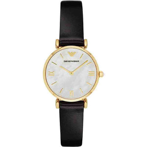 Emporio Armani Gianni T-Bar Quartz Mother of Pearl Dial Black Leather Strap Watch For Women - AR1910