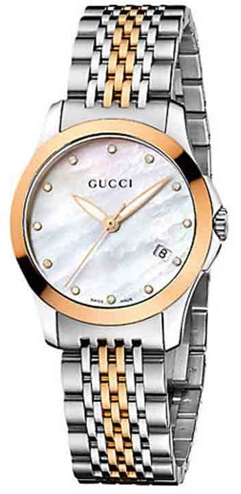 Orologio da donna con cinturino in maglia bicolore con quadrante in madreperla Gucci G Timeless Diamonds