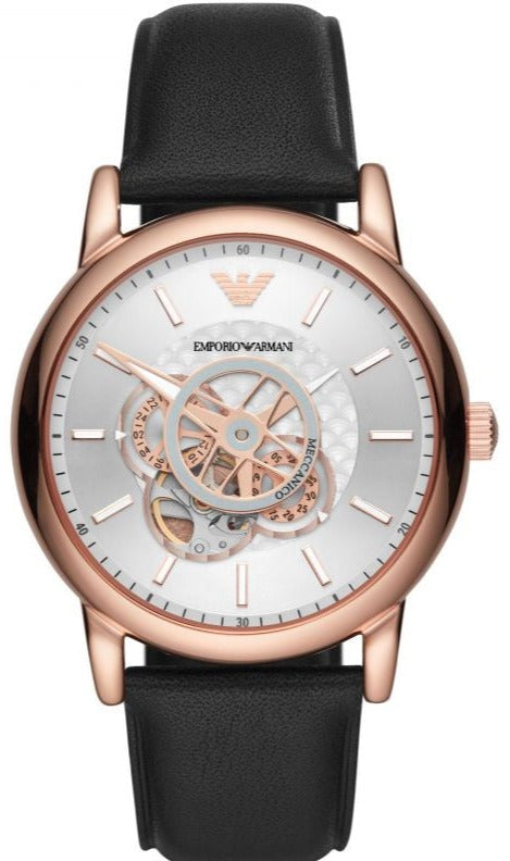 【ミラノ購入】EMPORIO ARMANI ラムレザー2010 アーカイブ Emporio Armani Luigi Automatic Skeleton Silver Dial Black Leather