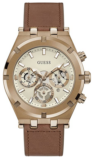 Guess Analog Multifunction White Dial Brown Leather Strap Watch for Men - GW0262G3