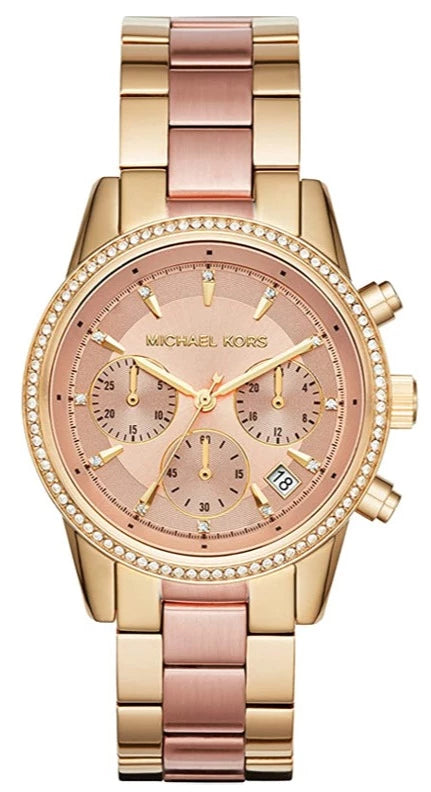 Michael Kors Ritz Chronograph Rose Dial Two Tone Steel Strap