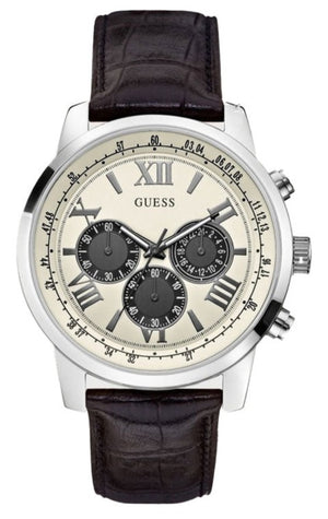 Guess Chronograph Quartz White Dial Brown Leather Strap Watch For Men - W0380G1