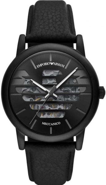 Emporio Armani Meccanico Quartz Black Dial Black Leather Strap
