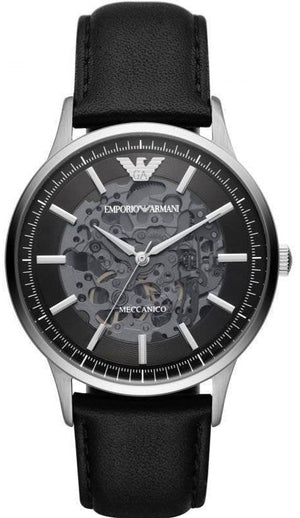 Emporio Armani Meccanico Skeleton Automatic Black Dial Black Leather Strap Watch for Men - AR60038