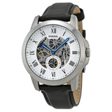 Fossil Grant Skeleton White Dial Black Leather Strap Watch for Men -  ME3053