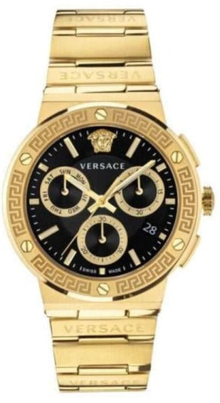 Versace Greca Chronograph Black Dial Gold Steel Strap Watch For Men