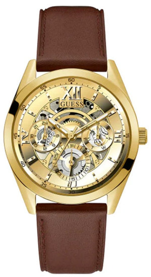 Guess Multifunction Chronograph Gold Dial Brown Leather Strap Watch For Men - GW0389G5