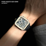 Fossil Inscription Automatic Skeleton Rose Gold Dial Black Leather Strap Watch for Men - BQ2572