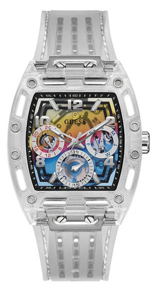 Guess Phoenix Polycarbonate Clear Multi-function Black Dial Clear Rubber Strap Watch for Men - GW0499G3