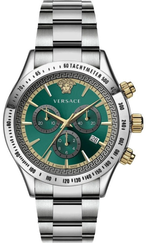 Versace Classic Chronograph Quartz Green Dial Silver Steel Strap Watch