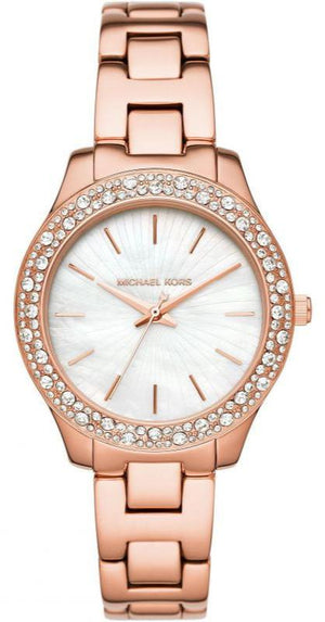 Michael Kors Lilane Three Hand Mother of Pearl White Dial Rose Gold Steel Strap Watch For Women - MK4557