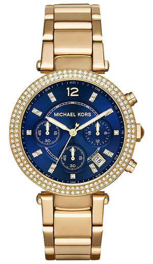 Michael Kors Parker Chronograph Blue Dial Gold Steel Strap Watch For Women - MK6262