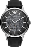 Emporio Armani Meccanico Skeleton Automatic Black Dial Black Leather Strap Watch for Men - AR60038