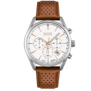 Hugo Boss Champion Chronograph White Dial Brown Leather Strap Watch for Men - 1513879