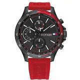 Tommy Hilfiger Multifunction Quartz Black Dial Red Rubber Strap Watch for Men  - 1791722