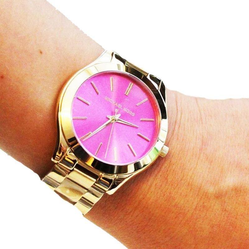 Michael Kors Slim Runway Pink Dial Rose Gold Steel Strap Watch for