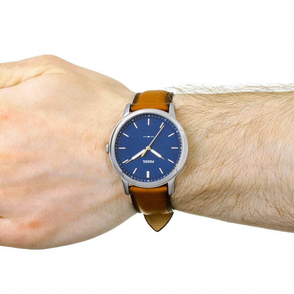 Fossil Minimalist Blue Dial Brown Leather Strap Watch for Men