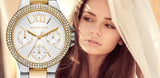 Michael Kors Camille Multifunction Silver Dial Two Tone Steel Strap Watch For Women - MK6982