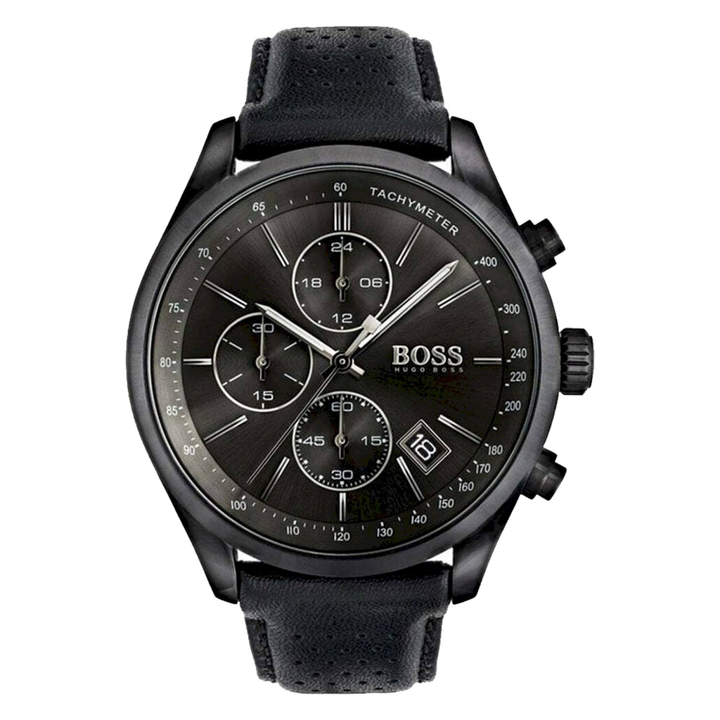 Hugo Boss Grand Prix Black Dial Black Leather Strap Watch for Men