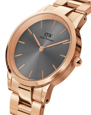 Daniel Wellington Iconic Link Grey Dial Rose Gold Steel Strap Watch For Women - DW00100332