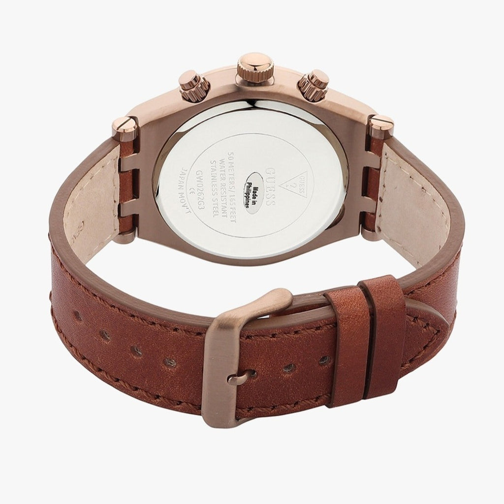 Guess Analog Multifunction White Dial Leather Strap Watch Brown for Men