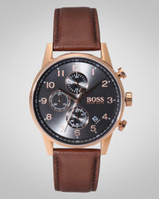 Hugo Boss Navigator Chronograph Grey Dial Brown Leather Strap Watch for Men - 1513496