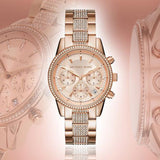 Michael Kors Ritz Chronograph Rose Gold Dial Rose Gold Steel Strap Watch For Women - MK6485