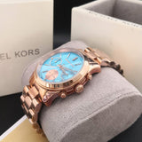 Michael Kors Runway Chronograph Turquoise Dial Rose Gold Steel Strap Watch For Women - MK6164