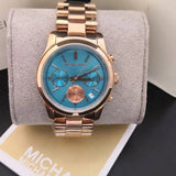 Michael Kors Runway Chronograph Turquoise Dial Rose Gold Steel Strap Watch For Women - MK6164