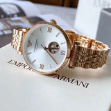 Emporio Armani Gianni T-Bar Silver Dial Rose Gold Steel Strap Watch For Women - AR60023