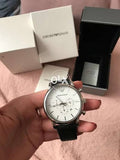 Emporio Armani Classic Quartz Chronograph White Dial Black Leather Strap Watch For Men - AR1807