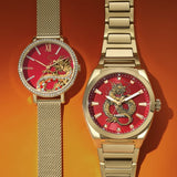 Fossil Jacqueline Dragonsteel Limited Edition Red Dial Gold Mesh Strap Watch for Women - ES5316