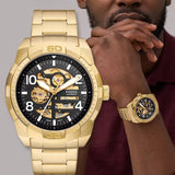 Fossil Bronson Automatic Skeleton Black Dial Gold Steel Strap Watch for Men - ME3257