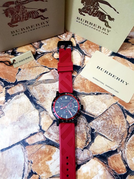 Burberry The City Chronograph Black Dial Red Rubber Strap Watch
