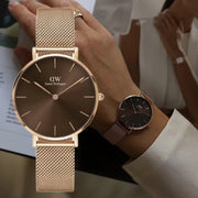 Daniel Wellington Petite Melrose Brown Dial Rose Gold Mesh Strap Watch For Women - DW00100477