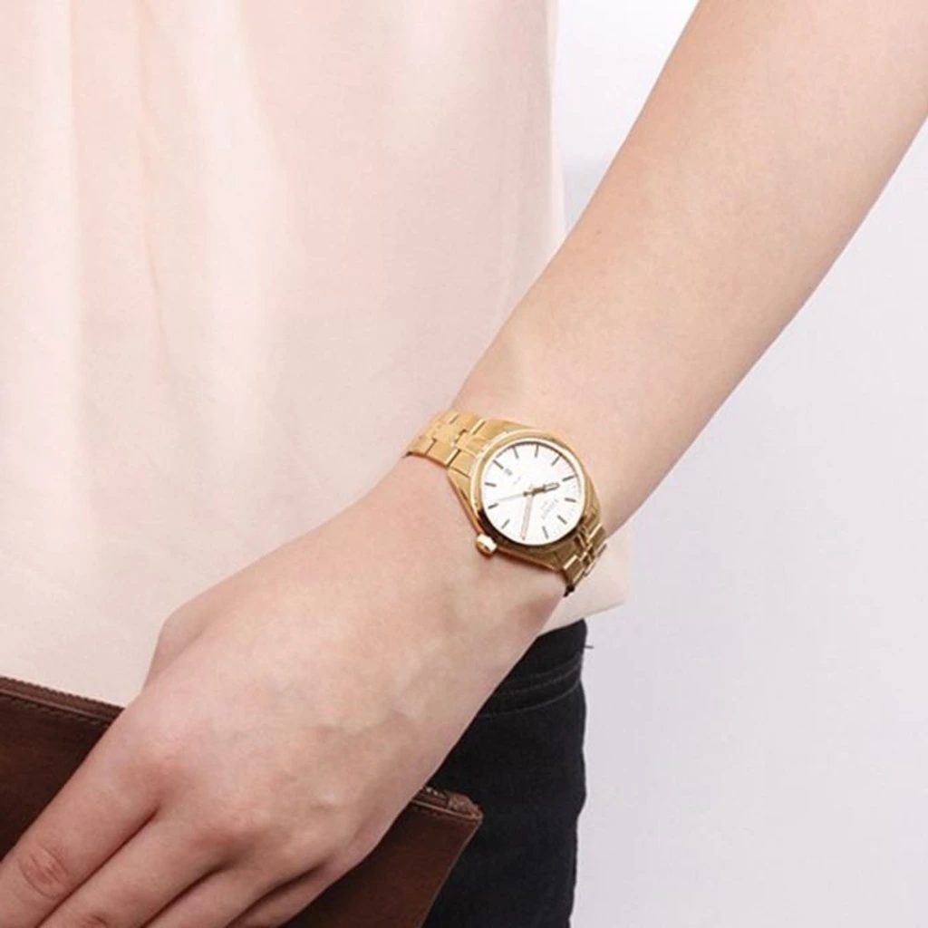 Tissot T Classic PR 100 Quartz White Dial Gold Steel Strap Watch