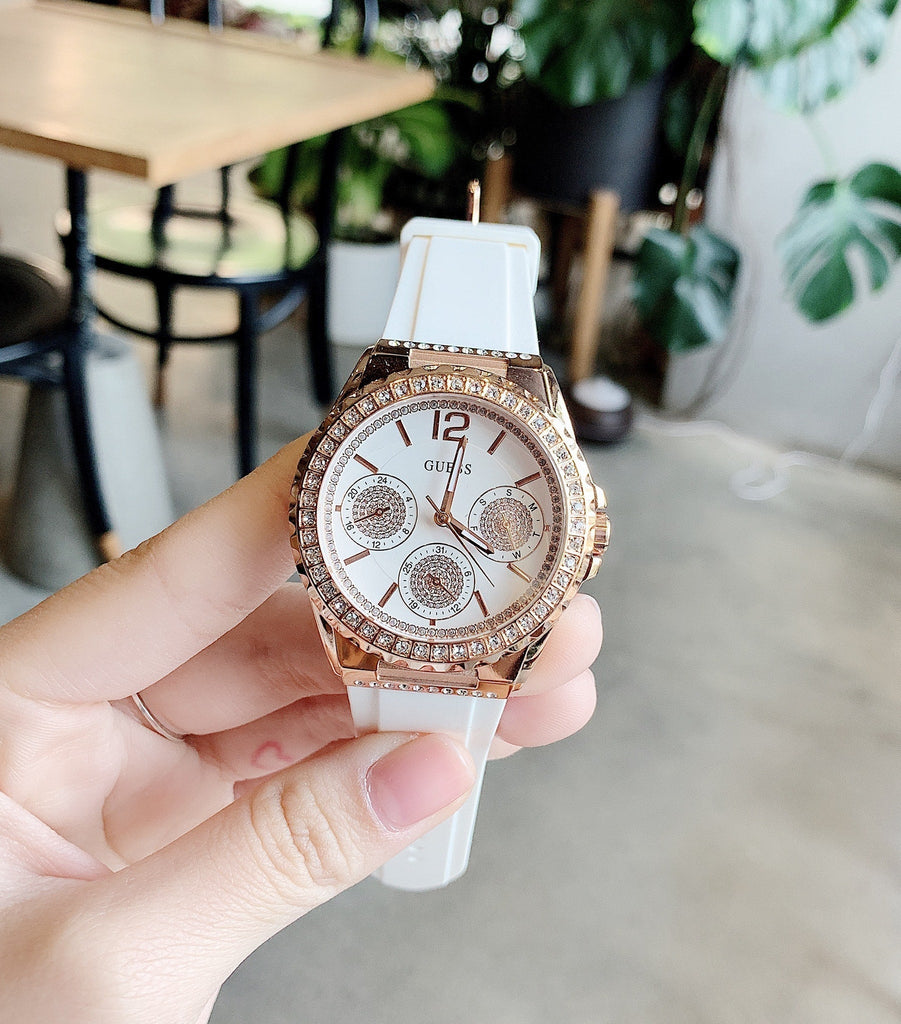 Guess Rose Gold Crystal Bezel Watch with White Band GUESS COLLECTION Women main image 4