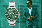 Emporio Armani Diver Chronograph Green Dial Silver Steel Strap Watch For Men - AR11500