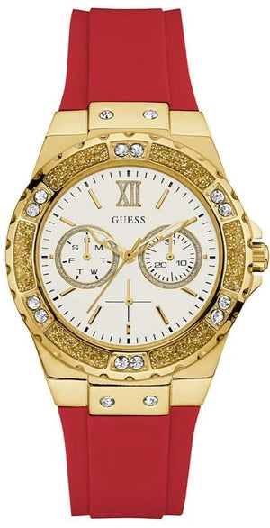 Guess Diamonds White Dial Red Rubber Strap Watch for Women - GW0431L1