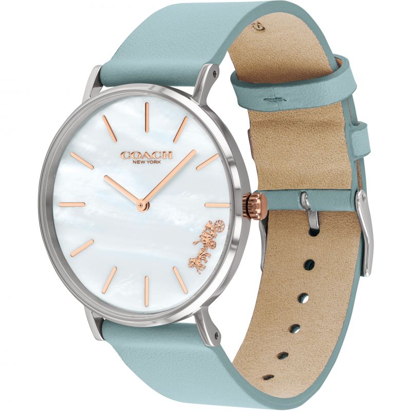 Coach Perry White Mother of Pearl Dial Turquoise Leather Strap Watch for Women - 14503271