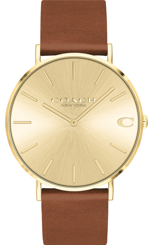 Coach Charles Gold Dial Brown Leather Strap Watch for Women