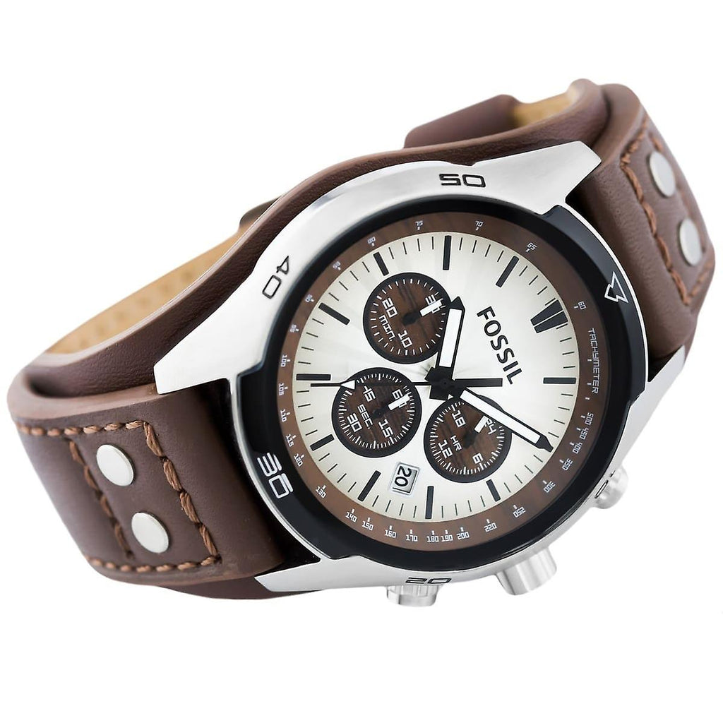 Fossil Coachman Chronograph Silver Watch Men Brown Dial Strap for Leather