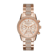Michael Kors Ritz Chronograph Rose Gold Dial Rose Gold Steel Strap Watch For Women - MK6485