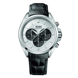 Hugo Boss Driver Chronograph Quartz Silver Dial Black Leather Strap Watch For Men - 1512880