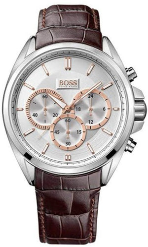 Hugo Boss Driver Chronograph Silver Dial Brown Leather Strap Watch For Men - 1512881